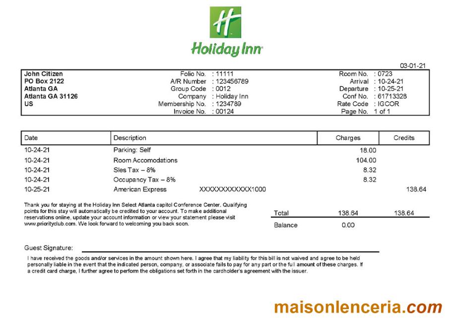 USA Holiday Inn InterContinental Hotels Group invoice template